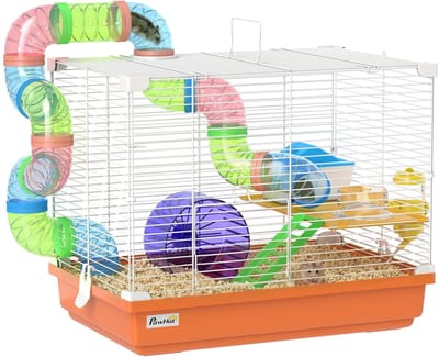 Sello! – hamsterkooi – knaagdier – loopwiel – huisje – tunnels – drinkfles – voerbak – draagbaar – 46 x 30 x 37 cm – oranje – wit