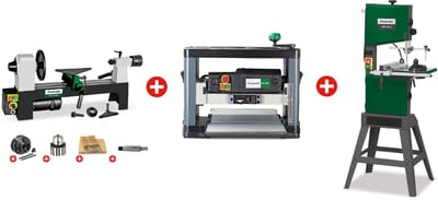 Beginnerskit hobby timmerman: houtdraaibank, vandiktebank en verticale houtzaag Holzstar DB305+DH330+HBS261-2