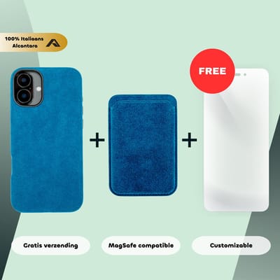 iPhone 16 – Alcantara Case + MagSafe Wallet + Gratis Screenprotector | Sapphire Blue