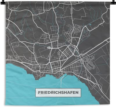 Wandkleed - Wanddoek - Duitsland – Blauw – Friedrichshafen– Stadskaart – Kaart – Plattegrond - 180x180 cm - Wandtapijt