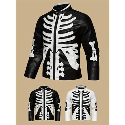 Veste Homme en Cuir PU Motif Côtes de Squelette - Style Streetwear, Fine, Légère, Veste Bomber Classique Rétro Adaptée pour Tenue Décontractée & Mode Streetwear S noir