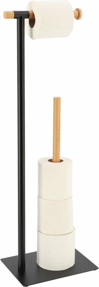 Toiletrolhouder en reserverolhouder - vrijstaand - zwart - metaal/bamboe - 70 cm