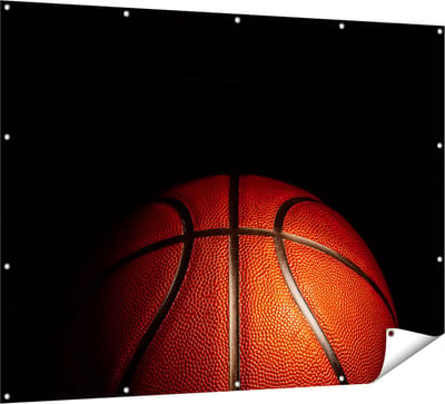 Gards Tuinposter Basketbal op een Zwarte Achtergrond - 160x120 cm - Tuindoek - Tuindecoratie - Wanddecoratie buiten - Tuinschilderij