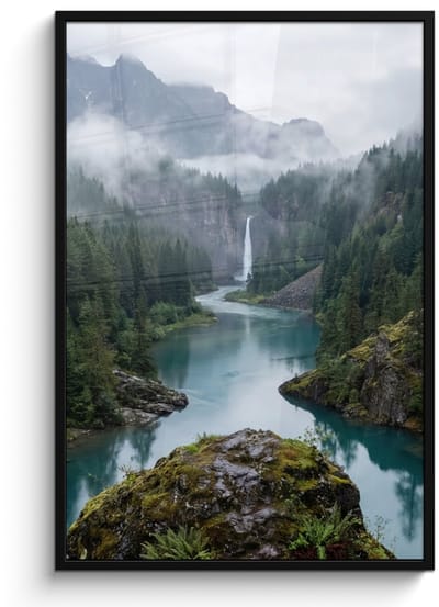 Poster in lijst - Fotolijst 80x120 cm - Posters - Waterval - Bomen - Bergen - Posterlijst zwart - Decoratie - Wanddecoratie woonkamer - Muurdecoratie slaapkamer