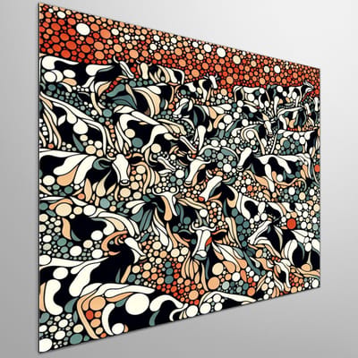 Abstract koeien schilderij | Vrolijke melodieën dansen over het abstracte koeienveld vol kleuren | Kunst - 60x60 centimeter op Dibond | Foto op Dibond
