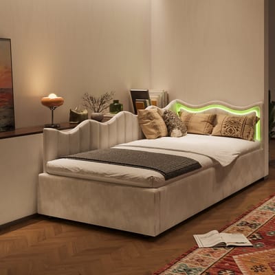 Daybed 90x200 – met Opbergruimte – LED Hoofdbord – Fluweel – Beige Kinderbed