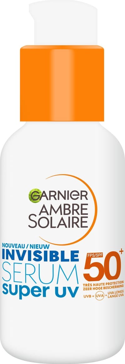 Garnier Ambre Solaire Dagelijkse Invisible Super UV SPF50+ Serum - Onzichtbaar Zonnebrand serum met hoge bescherming SPF50+ - Dagelijkse Zonnebrandcrème voor alle huidypen met Ceramide Protect, zonder witte waas - Gezicht -30 ML