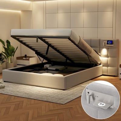 DESMIU Gestoffeerd Bed 180x200 cm – USB en Draadloos Opladen – Hydraulische Opbergruimte – Voor Volwassenen en Tieners – Linnen – Grijs – Zonder Matras