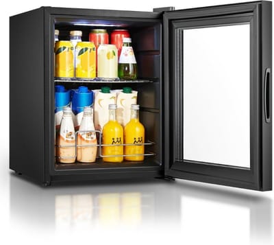 Heinrich's HGK 3142 mini koelkast met glazen deur zwart 42 liter - glasdeur - doorzichtige deur - barkoelkast - vitrinekoelkast - bierkoelkast - kleine koelkast - minibar - modern - voor eten en drinken - drankenkoelkast - energielabel E - 43 decibel