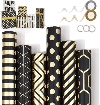 cadeaupapier, 6 rollen 43 x 300 cm cadeaupapierset, zwart goud cadeaupapierrol, met lint en stickers, cadeaupapierrollen voor geschenkdozen en decoratie