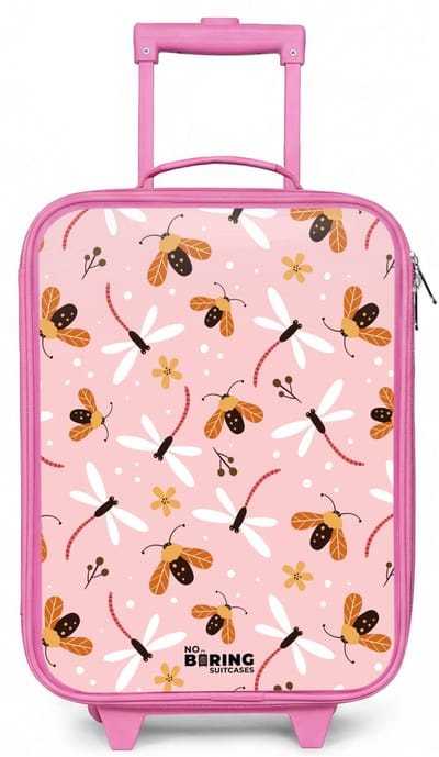 NoBoringSuitcases.com® - Kinderkoffer roze - Kindertrolley meisje - Lieveheersbeestjes en libellen op roze achtergrond - Koffer kind lichtgewicht - Reiskoffer trolley voor kinderen - Koffertje met lichtgevende wieltjes - Rolkoffer