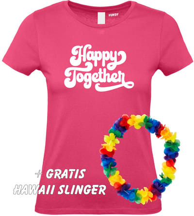 Dames T-shirt Happy Together Print | Love for all | Gay Pride | Regenboog LHBTI | Fuchsia dames | maat S