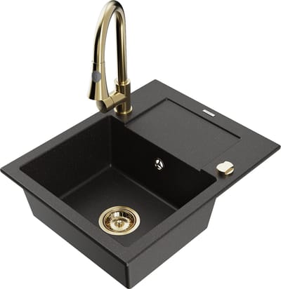 Mexen Enzo granieten gootsteen 1-komorige met afdruiprek en keukenkraan Elia, zwart/gouden metallic - 6506-75-670101-50