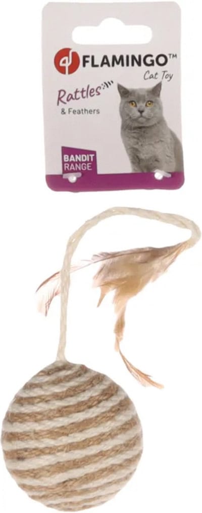 Flamingo Bal Met Veer En Ratel Frits - Kattenspeelgoed - Ø6x19 cm Bruin