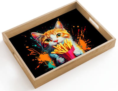 Dienblad hout 40x30 cm - Schootdienblad - Kat - Eten - Patat - Graffiti - Abstract - Borrelplank rechthoek - Plateau dienbladen
