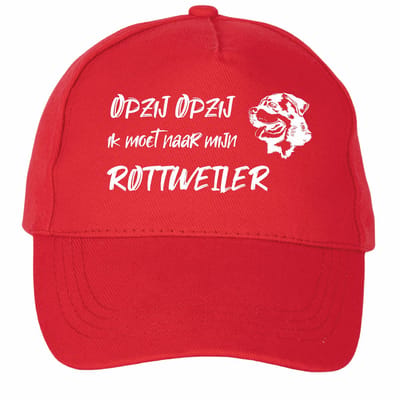Mijncadeautje - 5 panel - Cap - Verstelbaar - Pet van 100% dik geborsteld katoen- unisex - opdruk wit - opzij opzij naar mijn rottweiler - rood