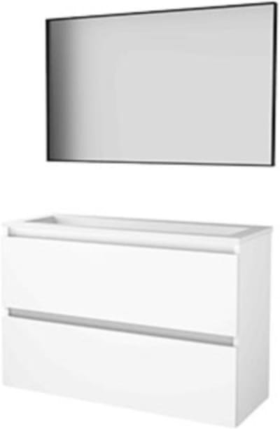 Basic-Line Framed 39 Badkamermeubelset - Ondiep - 100 x 39 cm - Greeploos - 2 Lades - Acryl Wastafel - 2 Kraangaten - Spiegel met Zwart Aluminium Frame - Ice White