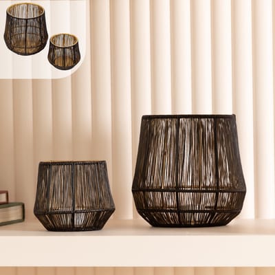 Gadgy Waxinelichthouder Rond - Theelichthouders Set van 2 - Sfeerverlichting binnen - Kaarsenhouders voor Waxinelichten - Rattan - Groot 15,5x16 cm - Klein 9x10 cm