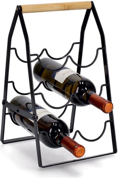 Zeller Wijnflessen rek - 6 flessen - zwart - metaal/bamboe - opvouwbaar - 23 x 37 cm