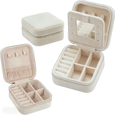 Sieradenopbergdoos met Spiegel, Flanellen Reisdoos voor Dames en Meisjes, Ideaal voor Kettingen, Oorbellen en Armbanden, Crème Wit