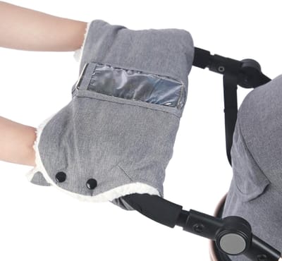 Kinderwagenhandschoenen - Warme fleece en katoen, waterdicht en winddicht, universele maat. Kinderwagen-, kinderwagen- en fietsstuuraccessoires - Grijs met telefoonhoesje