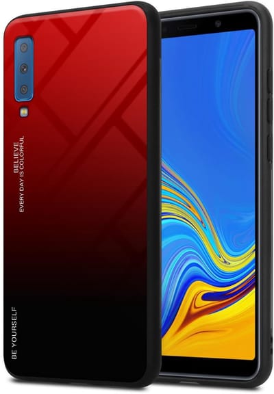 Cadorabo Hoesje geschikt voor Samsung Galaxy A7 2018 in ROOD - ZWART - Tweekleurige beschermhoes van TPU-silicone Case Cover en achterzijde van gehard glas