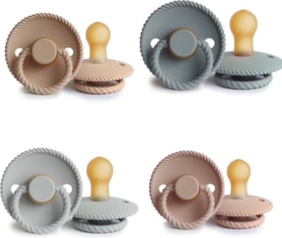 FRIGG ROPE Fopspeen set 4 stuks French Gray,Silver Gray,Croissant en Blush 0-6 maand