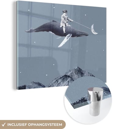 MuchoWow® Glasschilderij 120x90 cm - Schilderij acrylglas - Ruimte - Jongen - Maan - Walvis - Foto op glas - Schilderijen
