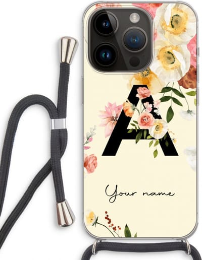 Gepersonaliseerd - Case Company® - Hoesje met koord geschikt voor iPhone 14 Pro hoesje met Koord - Flirty Flowers Monogram - Telefoonhoesje met Zwart Koord - Extra Bescherming aan alle Kanten en Over de Schermrand