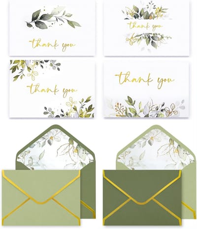 100x Goud Folie Bedankkaartjes met Enveloppen - Groene Eucalyptus Decoratie voor Bruiloft en Feest
