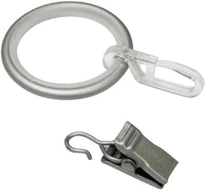 Gordijnringen met glij-inzetstuk, gordijnhaken en klemmen, metaal, voor Ø19 mm, zilver, 10 stuks, 3,9/3,0 cm