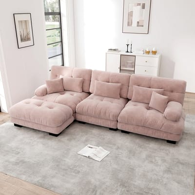 Pugsdrly Luxe modulaire hoekbank - Oversized Cloud-bank in L-vorm voor woonkamer, diepe slaapbank met poef, corduroy, roze chenille