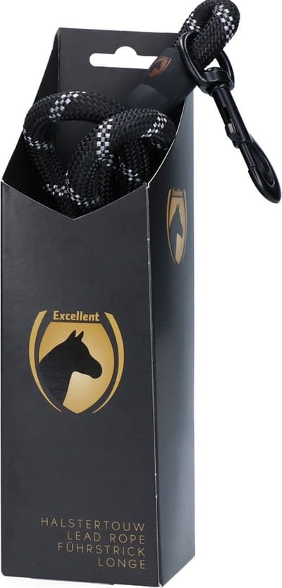Excellent Horse Halstertouw Exclusive Reflective - Reflecterend halstertouw voor goede zichtbaarheid in het donker - Polyester - 360 graden draaibare musketonhaak - Zwart - 2 Meter