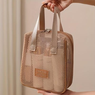 1pc Sac Cosmétique Chic en Maille avec Multiples Compartiments Respirant, Léger Organisateur de Voyage pour Femmes, Trousse de Toilette Portable avec Fermeture Éclair kaki