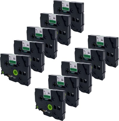 DULA Brother Compatible label tape- Tze-721 - 10 cassettes - Brother P-Touch - Zwart op groen - 9mm x 8m