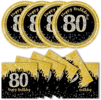 Dailygoods- Verjaardagsservies 50 stuks - Feestborden - Servetten - 80e Verjaardag - Zwart-goud - Duurzaam design - Feestartikelen