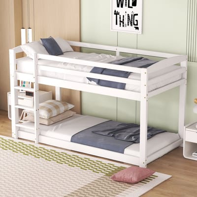 DESMIU Kinder Stapelbed 90 x 200 cm Zonder Matras – Laag Bed met Veilig Bovenbed en Opbergruimte Onderin – Voor Kinderkamer en Jeugdruimte – Massief Vurenhout – Wit