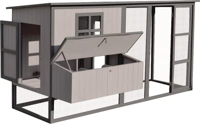 Flamingo Kippenhok Calypso Cottage - 219 x 100 x 110,5 cm - Grijs Houten Hok met Buitenren en Legnest - Ruim, duurzaam en stijlvol