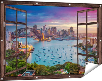 Gards Tuinposter Doorkijk Sydney Harbour Bridge in de Avond - 120x80 cm - Tuindoek - Tuindecoratie - Wanddecoratie buiten - Tuinschilderij