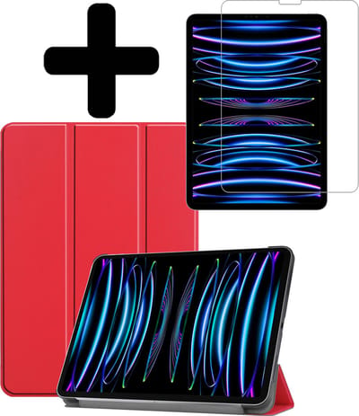 Hoes - Geschikt voor Apple iPad Pro (2022) - 11 inch - 4e generatie - Met Screenprotector - Trifold Bookcase - Hard Cover - Hardcover Book Case - Tablet Hoesje - Rood