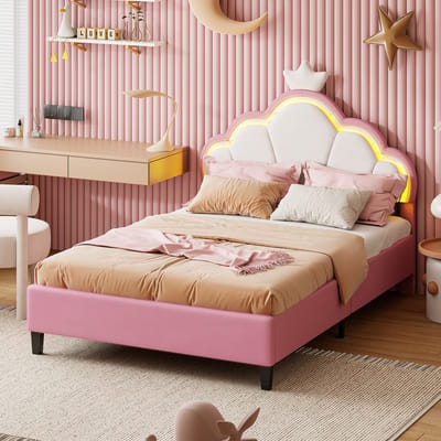 90x200 Prinsessenbed met LED – Fluwelen Bed met Wolken Hoofdbord en Kroon, Verstelbaar Hoofdbord – Roze