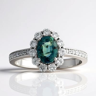 Cavill - Elegante zilveren ring - 925 sterling zilver met platina coating - Petrolkleurige ovale saffier 0,987 ct - Cambodjaanse zirkonia's