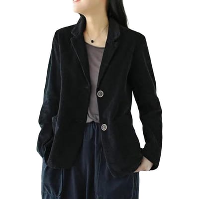 Corduroy kostuumjas voor dames, herfst, retro, losse pasvorm, enkelrijs kostuumjas, revers, lange mouwen, effen kleur, zakelijke jas met zakken L black