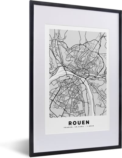 Fotolijst incl. Poster - Kaart - Stadskaart - Frankrijk - Rouen - Plattegrond - 40x60 cm - Posterlijst