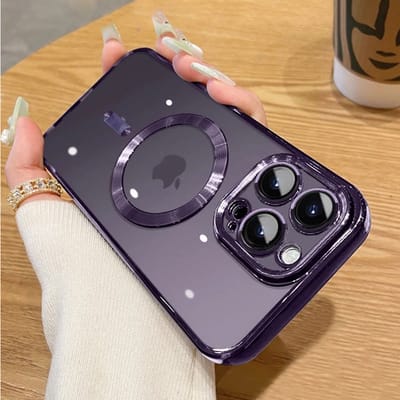 iPhone 14 Pro Max Transparant MagSafe Magnetische Telefoon Hoesje - Achterkant Doorzichtig case met Camerabescherming - Donker Paars