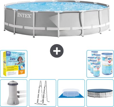 Intex Rond Prism Frame Zwembad - 427 x 107 cm - Grijs - Inclusief Pomp - Ladder - Grondzeil - Afdekzeil Onderhoudspakket - Filters