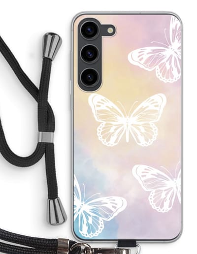 Case Company® - Hoesje met koord geschikt voor Samsung Galaxy S23 Plus hoesje met Koord - White butterfly - Telefoonhoesje met Zwart Koord - Bescherming aan alle Kanten en Over de Schermrand