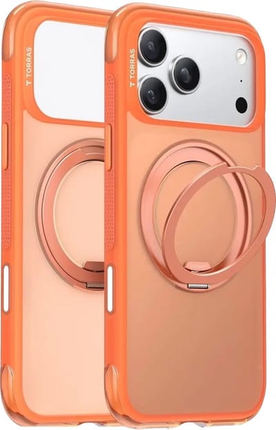 TORRAS Hoesje Geschikt voor Apple iPhone 17 Pro - Ostand O3 Air Spin - Compatibel met MagSafe / Qi2 - Back Cover met Magneet - 360° Draaibare Ring Standaard - Oranje
