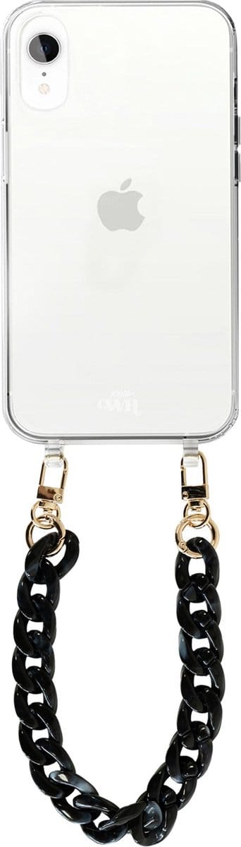 xoxo Wildhearts silicone case met koord - Transparant telefoonhoesje met koord - telefoonketting - Marble Black - Kort koord - Cord Case - geschikt voor Apple iPhone XR hoesje - Ketting met marmere look - marmer - zwart