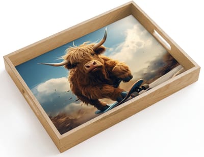 Dienblad hout 40x30 cm - Schootdienblad - Schotse hooglander - Hoorns - Skateboard - Borrelplank rechthoek - Plateau dienbladen